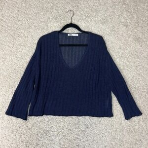 Zara Sweater Womens Medium Blue Linen Blend Pullover Oversized V Neck‎ Open Knit